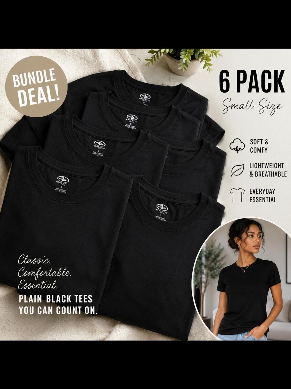 💥6 SHIRTS 🤑Athletic Works Black Moisture-Wicking Crew Neck T-Shirts (6-Pack)